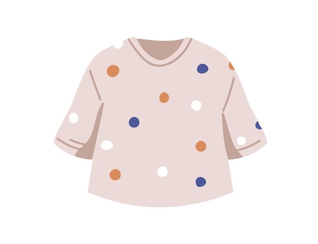 Zomers meisjes t-shirt. Casual kindert-shirt met stippenprint. Kinderkleding voor warm weer. Moderne kleding voor peuters, met mouwen. Platte vectorillustratie geïsoleerd op een witte achtergrond.