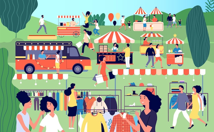 Vector zomerse beurs. feestelijk eten, vlooienmarkt op straat.