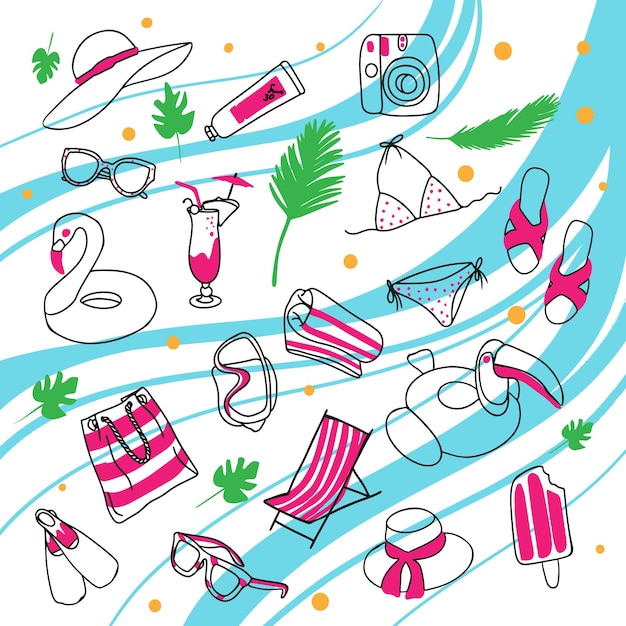 Zomerset met items en accessoires voor zomervakantie doodle