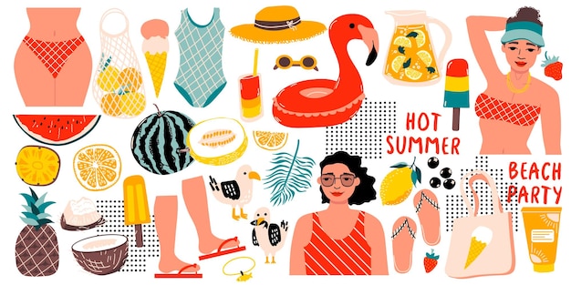 Vector zomerset met strandtas zonnebrandcrème ijslolly hoed slippers dames vrouwelijke heupen vector