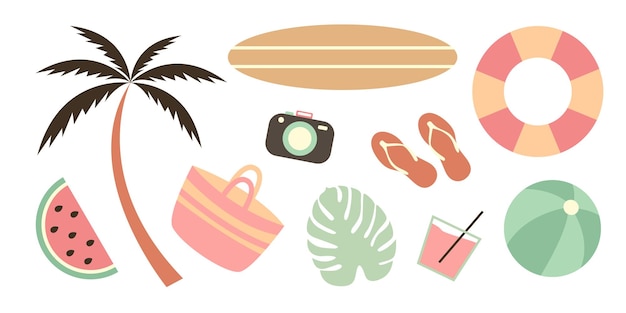 Zomerset van schattige zomerelementen. Surfplank, palm, limonade, camera, tas, bal, slippers