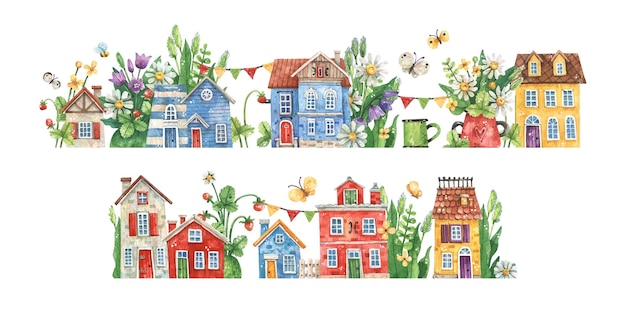 Zomerstraat met gekleurde huizen en bloementuinen aquarel illustratie. Schattig, vintage europees