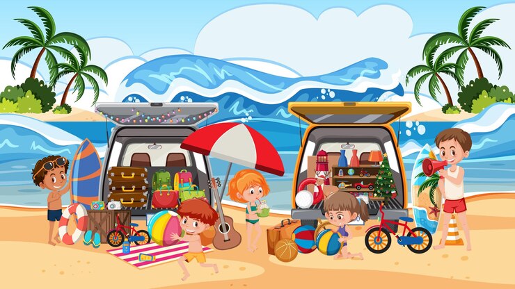 Zomerstrand buitenscène met kofferbakverkoop