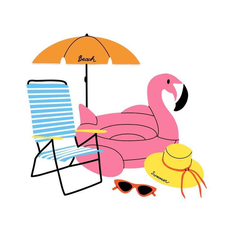 Vector zomerstrand paraplu zonnebank opblaasbare flamingo ring en hoed zonnebril zomer vakantie reis zee vakantie afdruk compositie kaart of poster vector cartoon plat geïsoleerde illustratie