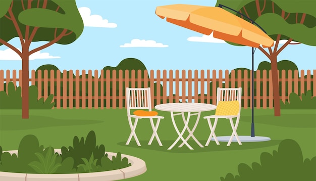 Zomerterras in de achtertuin met stoelen en parasol tuinmeubelen voor buitenrecreatie vector i