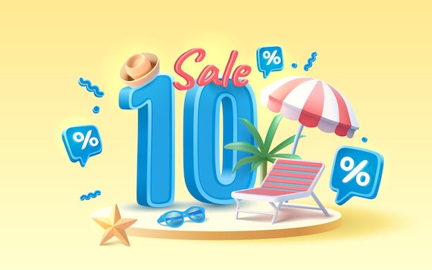 Zomertijd banner verkoop 10 Percentage parasol met ligstoel voor ontspanning zonnebril kust vakantie scène Vector illustratie
