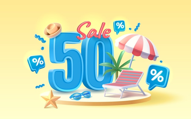 Zomertijd banner verkoop 50 Percentage parasol met ligstoel voor ontspanning zonnebril kust vakantie scène Vector illustratie