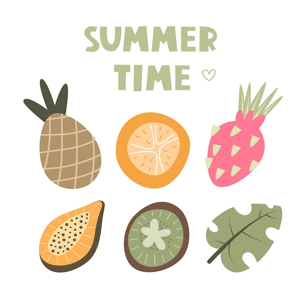 Vector zomertijd cartoon fruit handtekening lettering decor elementen