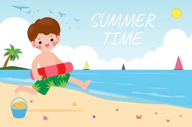 Zomertijd gelukkige kinderen in zwemkleding met opblaasbaar speelgoed op strand kinderen met opblaasbaar