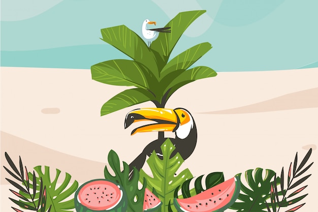 Zomertijd illustratie met oceaan strand landschap, tropische palmboom en exotische toekanvogel