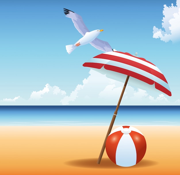Zomertijd in strand bal zeemeeuw paraplu vakanties