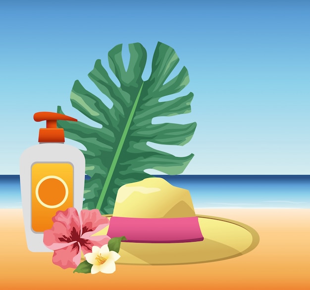 Zomertijd in strandvakanties sunblock spray hat en bloemen palmen bladeren