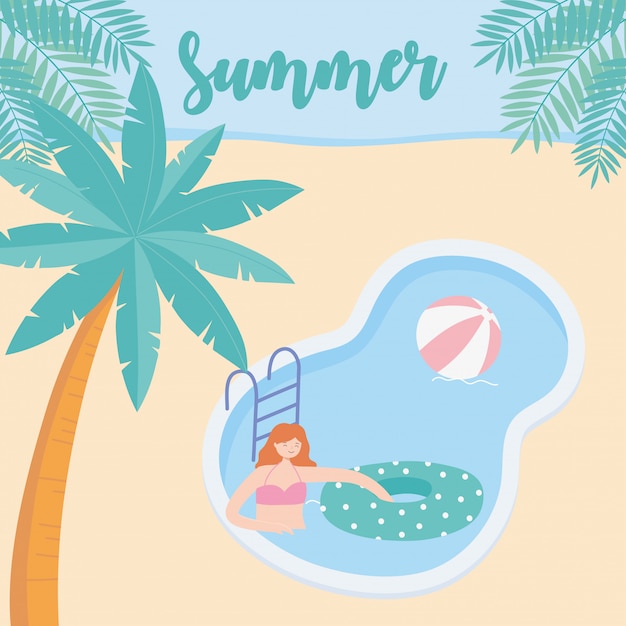 Zomertijd meisje in zwembad met bal vlotter en palmen vakantie toerisme