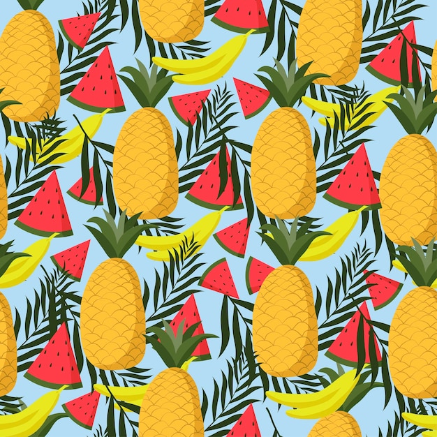 Zomertijd naadloos patroon met ananas, bananen, watermeloen en tropische bladeren