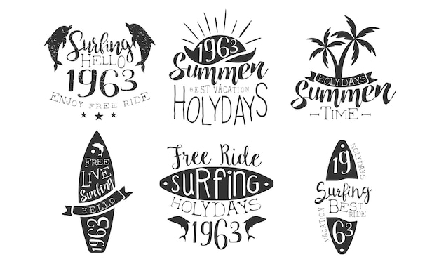 Zomertijd retro labels set beste vakantie gratis rit surfen vakantie handgetekende badges vector