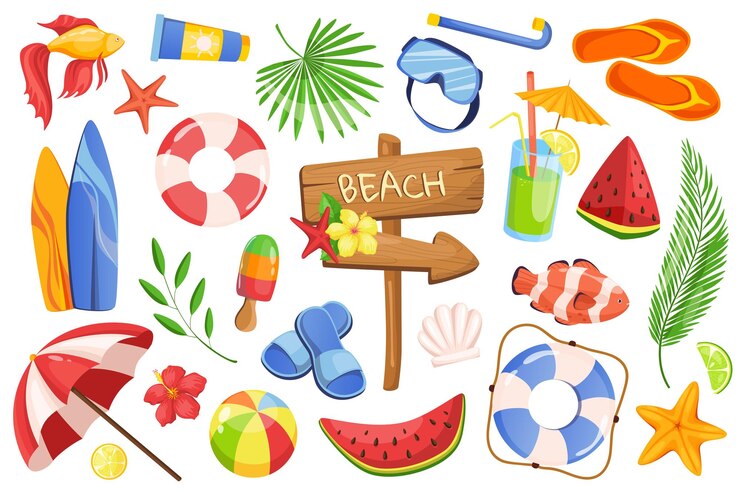 Zomertijd set grafische elementen in plat ontwerp Bundel van strand aanwijzer tropische blad bloemen zonnebrandcrème zeesterren reddingsboei ijs surfplank en andere Vector Illustratie geïsoleerde objecten