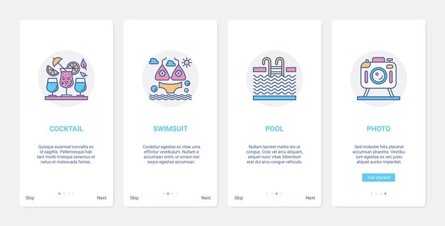 Zomertijd strandvakantie-activiteit ui ux onboarding mobiele app-paginaschermset