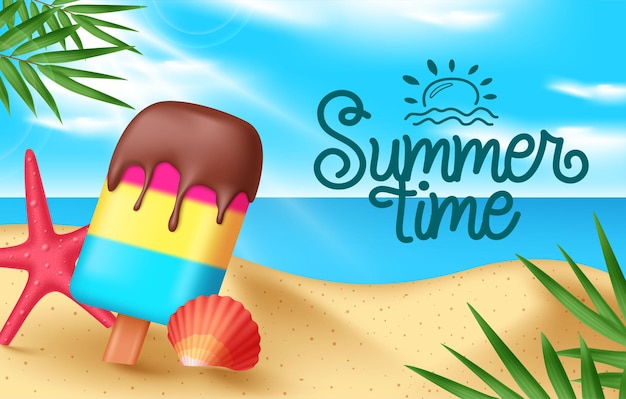 Zomertijd tekst vectorontwerp Zomertijd groet tekst strandtijd met kleurrijke elementen