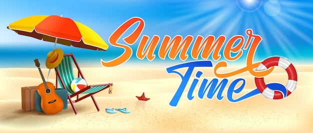 Vector zomertijd vakantie, realistische afbeelding op strand. strandparasol, gitaar, strandbal.