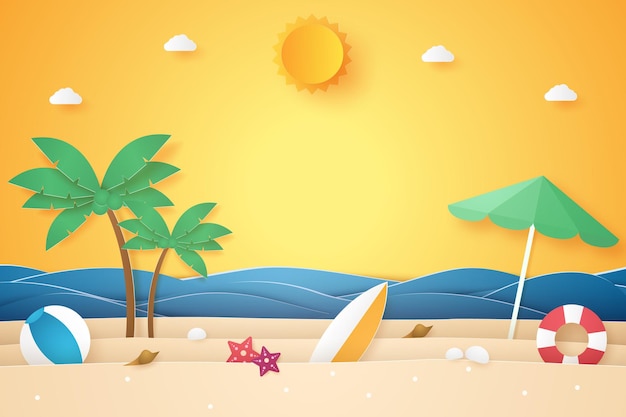 Zomertijd, zee en strand met kokospalm en zo, papierkunststijl