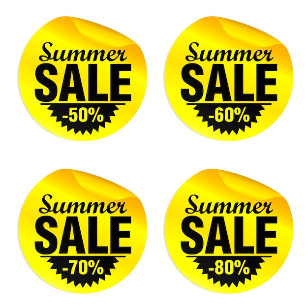 Vector zomeruitverkoop gele stickers set 50 60 70 80 korting