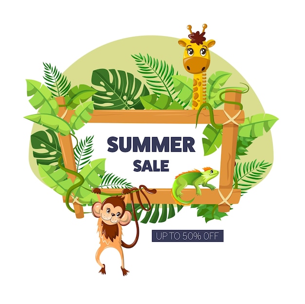 Zomeruitverkoop grenskader met exotische jungleplanten, tropische bladeren en dieren, giraffe aap