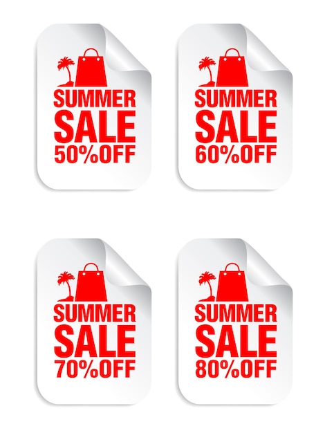 Zomeruitverkoop witte stickers set met boodschappenpakket en palmrood icoontje sale stickers 50 60 70 80 korting