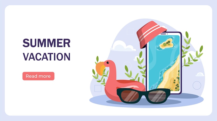 Vector zomervakantie concept met smartphone opblaasbare flamingo zonnebril strand grafiek en lees meer
