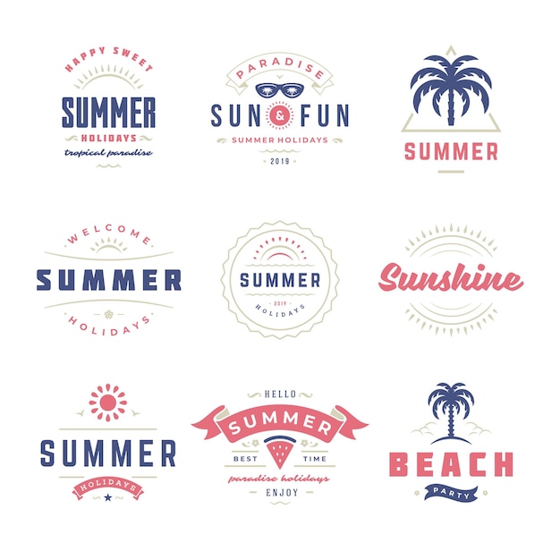 Vector zomervakantie etiketten en insignes retro typografie ontwerpset. sjablonen voor wenskaarten, posters en kledingontwerp. vector illustratie.