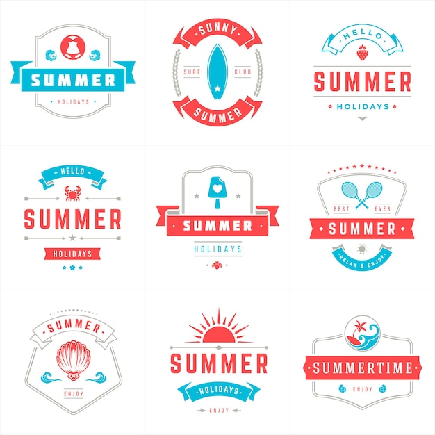 Zomervakantie etiketten en insignes typografie vector design zomer silhouetten en pictogrammen voor posters wenskaarten en reclame vintage stijl