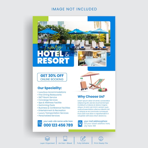 Vector zomervakantie hotel resort reis toerisme druk gereed flyer of poster sjabloon