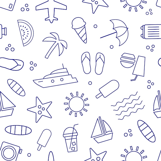 Zomervakantie illustraties met strand ijs en reis symbolen in naadloze patronen