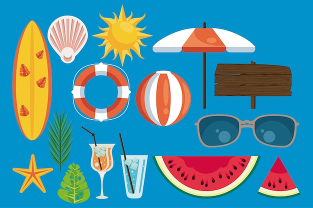 Zomervakantie label met set pictogrammen