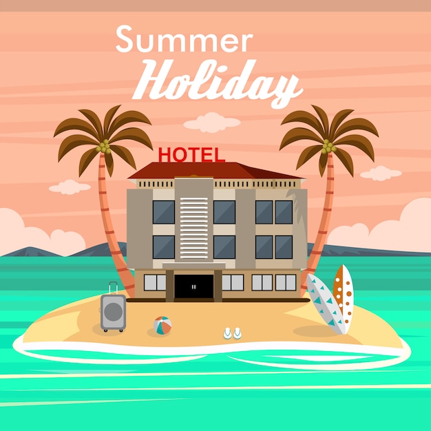 Vector zomervakantie op het strand met hotel- en reisaccessoires