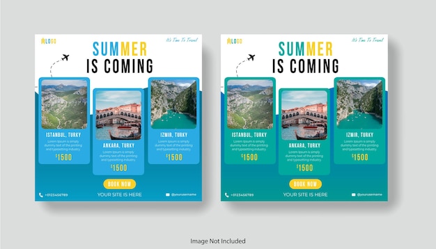 Vector zomervakantie social media postsjabloon vakantiepakketontwerp en webbanner voor reisbureau