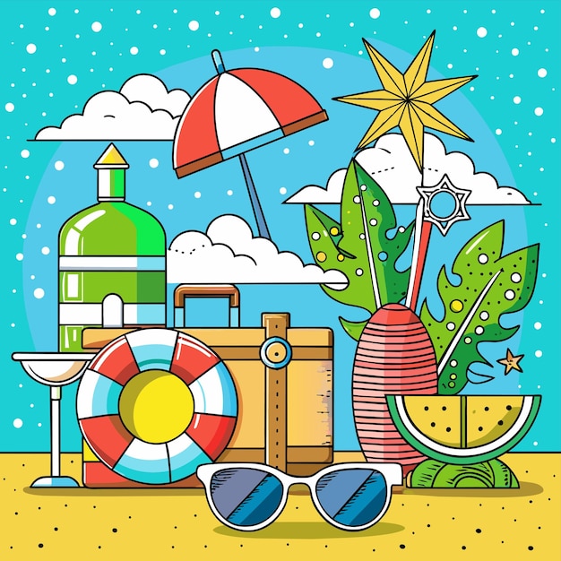 Vector zomervakantie vakantie reis strand elementen met de hand getekend platte stijlvolle cartoon sticker icoon concept