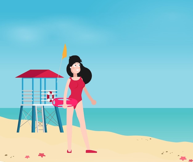 Zomervakantie vector illustratie. Strand met meisje, auto en surfen