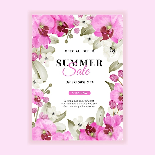 Zomerverkoop banner flyer met orchidee roze aquarel