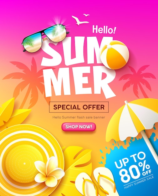 Zomerverkoop gele tropische vakantie concept paarse en gele poster flyer ontwerp achtergrond