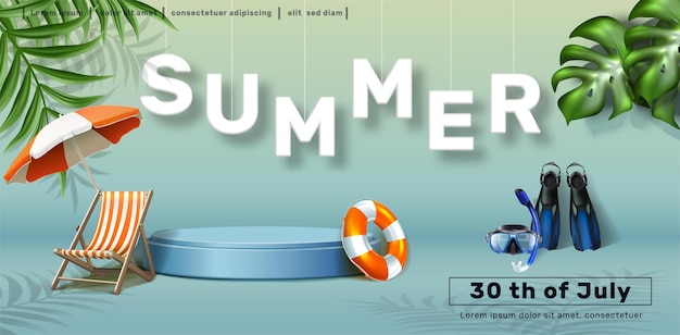 Zomerverkoop horizontale banner met zomerstrandelementen zonnebankparaplu en duikmasker