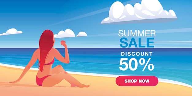 Zomerverkoop sjabloonontwerp voor spandoek met vrouw in bikini zit op het strand illustratie