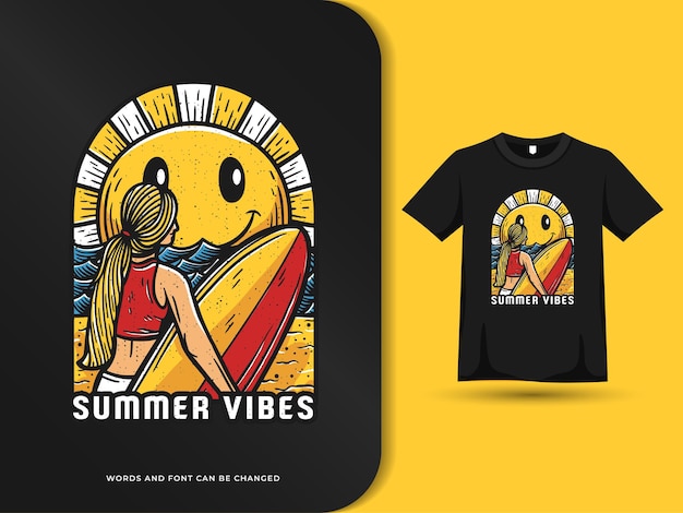 Zomervibes vrouwelijke surfer op het strandontwerp met t-shirtsjabloon