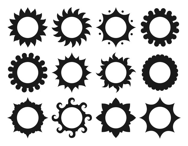 Zon abstracte symbool set minimale stijl zonnige vorm ornamentele embleem teken zomer plat ontwerp vector