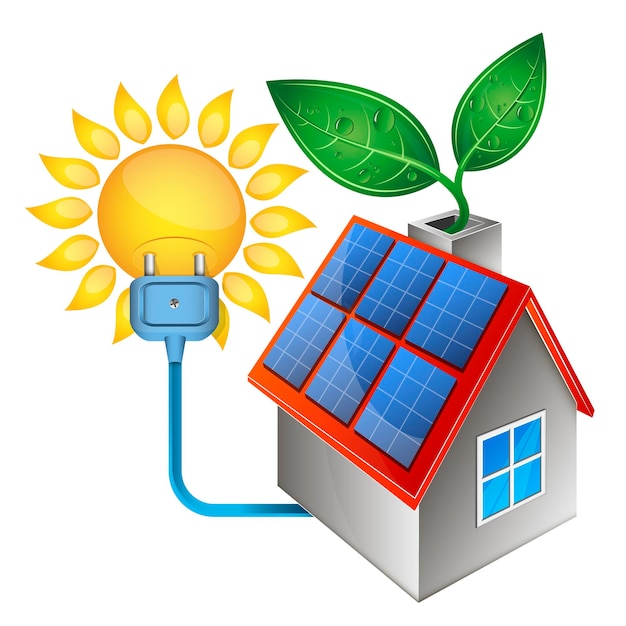 Vector zon elektrische zonnepanelen op het dak van het huis en groen blad