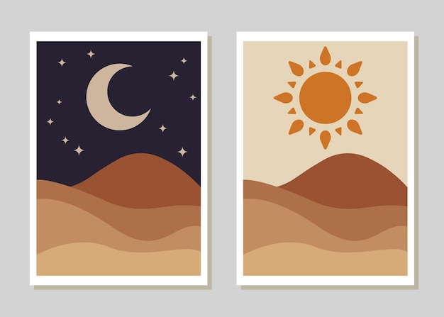 Zon en maan wanddecoratie set van abstract vector Boheemse woestijn stijl poster minimalistisch design