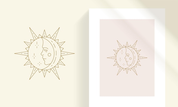 Zon en wassende maan met vrouwelijk gezicht lijn kunst stijl vectorillustratie