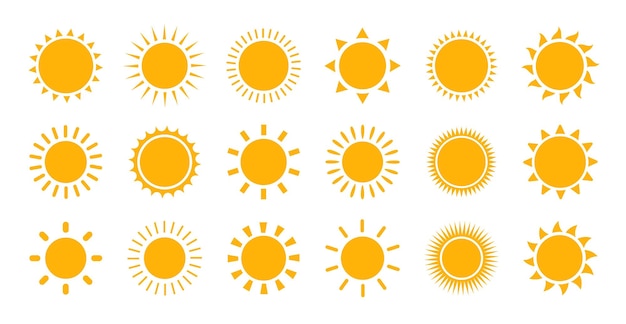 Zon icon set voor gebruik in weer apps of als logo's Vector gele zon iconen collectie Zonlicht lucht natuur zomer