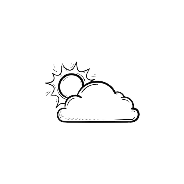 Vector zon met wolk hand getrokken schets doodle pictogram. weersvoorspelling, zonneschijn en natuur, ochtendconcept. schets vectorillustratie voor print, web, mobiel en infographics op witte achtergrond.