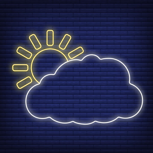 Zon met wolk pictogram gloed neon stijl, concept weersomstandigheden overzicht platte vectorillustratie, geïsoleerd op zwart. Baksteenachtergrond, materiaal van het Webklimaatetiket.