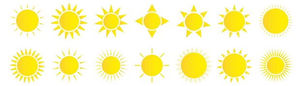 Zon pictogrammenset Weer zon pictogram Gele zon ster Zomer elementen voor ontwerp Vectorillustratie